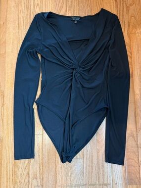 Topshop Black Long Sleeve Knot-Front Bodysuit